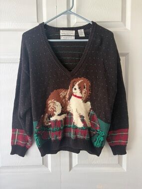 Portraits Brown V-Neck Dog Holiday Sweater PS Hand Embroidered Vintage
